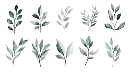 A set of ten watercolor illustrations of green leaves and branches, isolated on a white background.