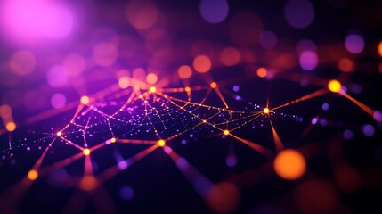 Abstract network connectivity with vibrant purple and orange lights in digital space.