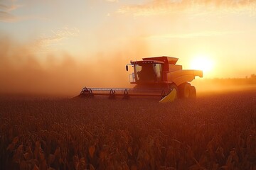 Fototapeta premium Harvesting soybeans using red combine harvester. Generative Ai
