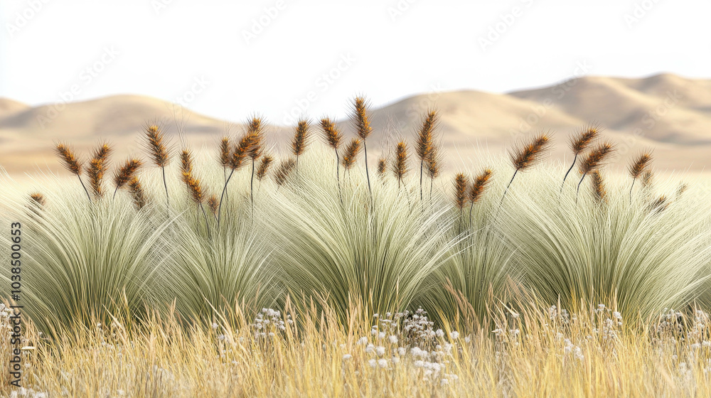 Poster a field of tall grass with a few weeds in it. the grass is brown and the weeds are yellow. the field