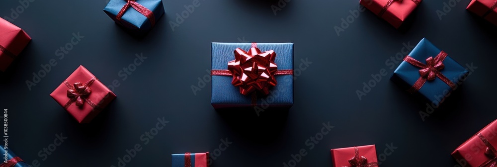 Aufkleber brightly colored gift boxes with glossy bows are artfully arranged on a dark surface, adding a festi