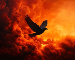Fototapeta premium Bird soaring through dramatic fiery clouds against an intense sunset backdrop.