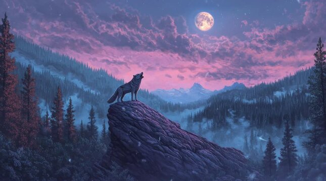 silhouette of a wolf on a rock in the middle of the forest at night looking at the moon. Seamless looping time-lapse virtual 4k video animation background