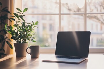 Fototapeta premium A minimalist home office setup with an open laptop on the table