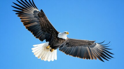 Fototapeta premium A majestic bald eagle soaring against a clear blue sky, its wings fully spread.