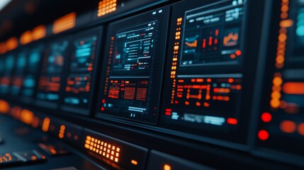 Close-up of a digital control panel displaying various data and metrics.