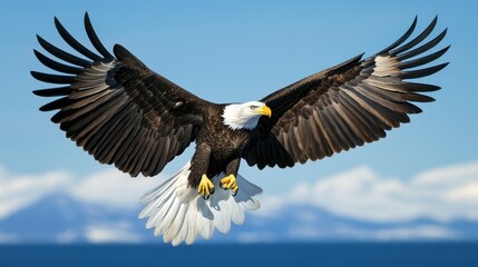 Naklejka premium A majestic bald eagle soaring against a clear blue sky, its wings fully spread.