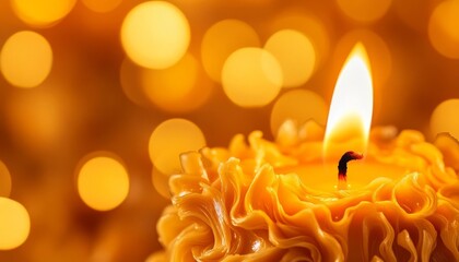 Close-up of a glowing candle with a warm, soft bokeh background, creating a relaxing ambiance.