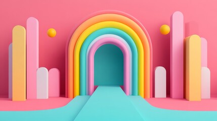 Colorful 3D rainbow arch, playful geometric shapes on pink background.