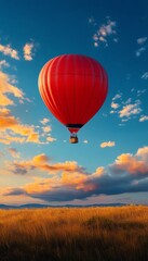 Obraz premium Colorful hot air balloon against a vibrant sunset sky over golden fields.
