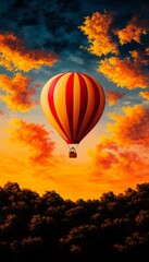 Fototapeta premium Colorful hot air balloon soaring against a vibrant sunset sky.