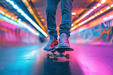 Fototapeta premium Vibrant Neon Lights and Skateboarding