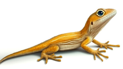 Fototapeta premium A small, orange lizard with a long tail and large eyes looks up towards the left side of the frame, isolated on a white background.