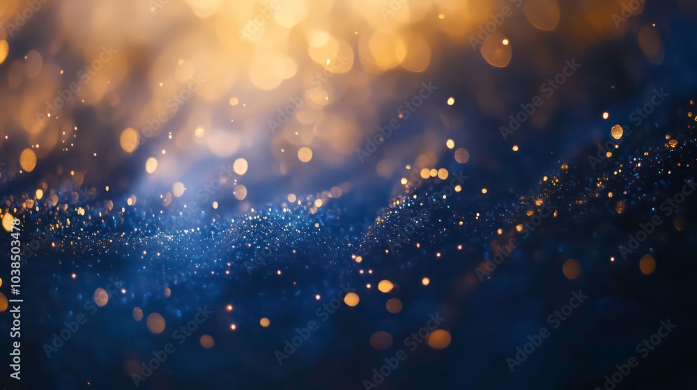 Poster Abstract blue and gold bokeh background with sparkling lights.