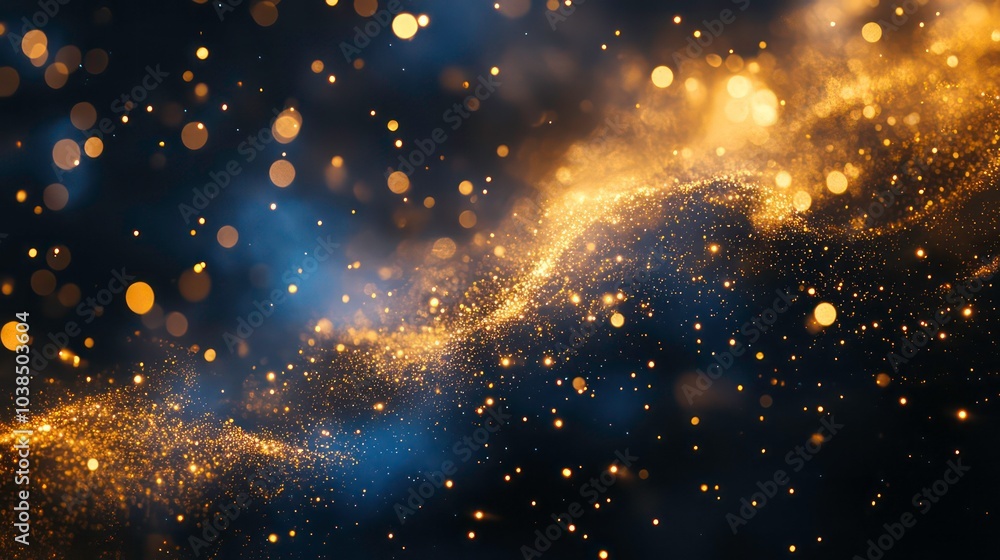 Poster abstract background with golden particles and blue bokeh lights on a dark background.