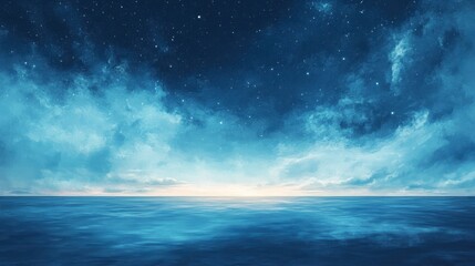 Fototapeta premium A panoramic view of the blue sky fading into a starry galaxy, with the horizon painted in soft pastel colors.