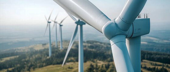 Electricity generation with renewable energy, electric, wind power plant, wind power energy concept - Close up of wind turbine park