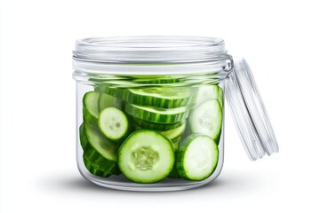 Sliced cucumbers in a clear glass jar, fresh and healthy ingredients, white isolate background.