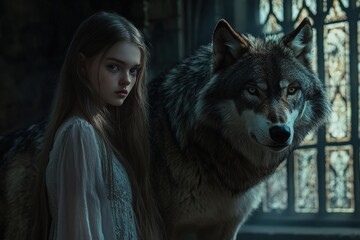 young woman with dark hair and wolf in forest