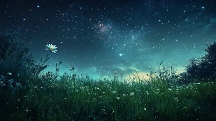 A quiet meadow under the night sky, where the galaxy and stars provide a serene, celestial backdrop.