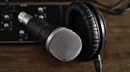 Obraz premium Microphone and headphones on a wooden surface, ideal for music production.
