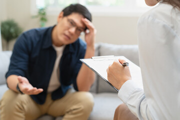 mental health care therapy concept, psychologist counseling to anxiety patient and giving guidance...