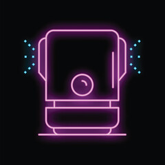 Glowing neon icon of a coffee machine brewing a fresh espresso beverage