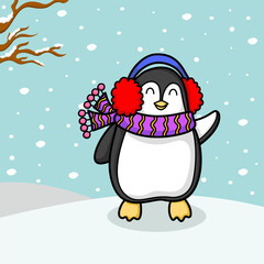 Cute cartoon penguin with present in Christmas celebration.