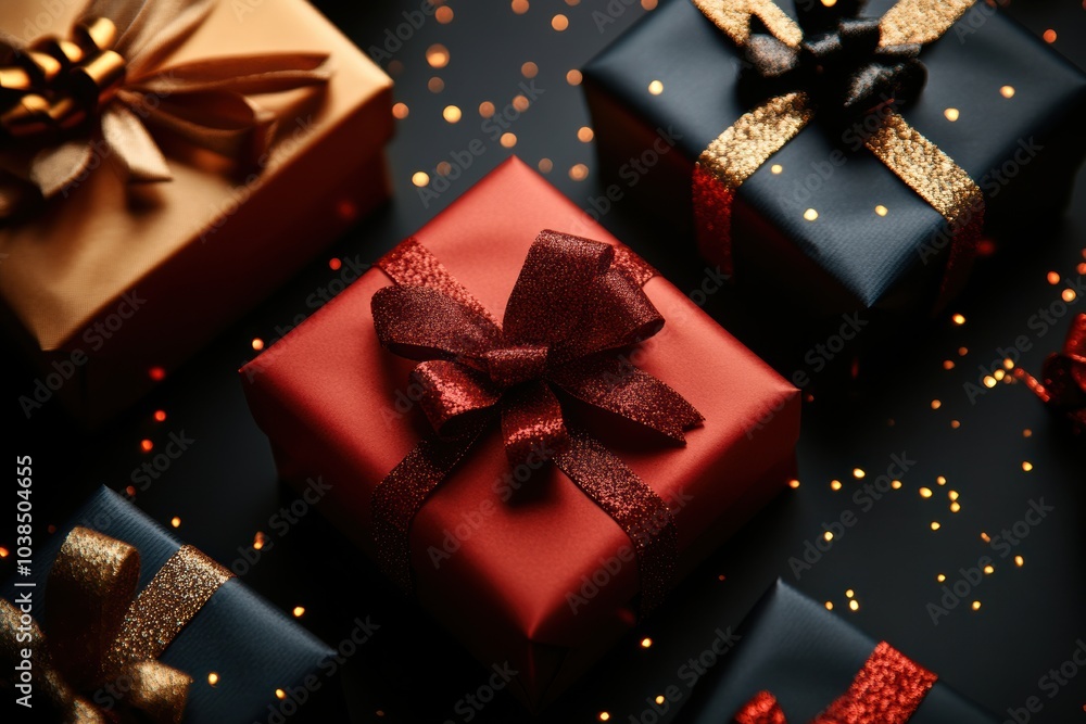 Poster colorful gift boxes with shiny bows are arranged stylishly on a dark surface, creating an inviting a