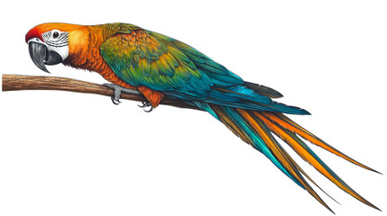 A vibrant scarlet macaw with green, blue, and yellow feathers perched on a branch, isolated on a white background.
