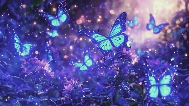 In a dark, starry landscape, a group blue and purple butterflies emit soft light move in hypnotic patterns glowing plants. plants softly sway breeze moonlit glow, 4K High-Quality Animation Video