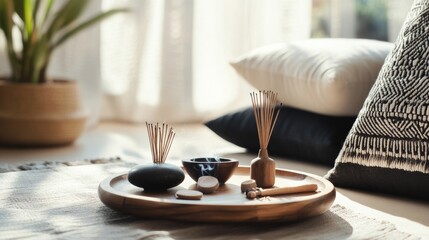 A serene meditation retreat with tools and tranquil decor, Meditation tools amidst cushions and incense, Mindfulness sanctuary style
