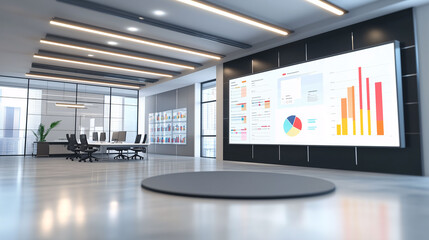 A large monitor displays a series of graphs and charts