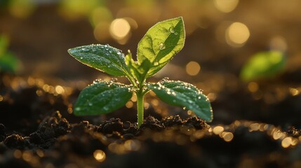 A seedling breaking through the soil surface, with delicate green leaves glistening in the early morning dew.