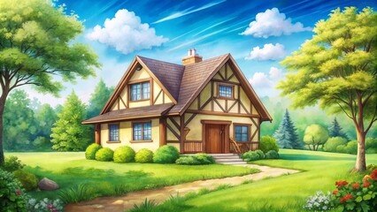 Delightful watercolor cottage scene for postcards and greeting cards, showcasing a timber frame house embraced by lush green grass beneath a vibrant blue sky.