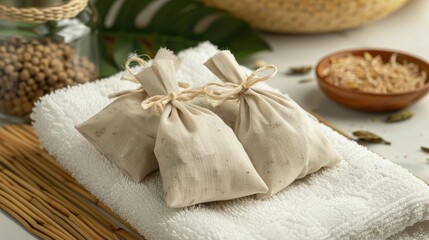 Fototapeta premium Thai herbal sachet on white towel, spa concept