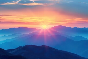 Obraz premium Mountain range silhouette at sunrise, landscape background, peaceful dawn