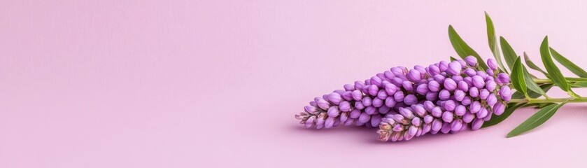 Beautiful lupin flowers arranged elegantly on a soft pink background.
