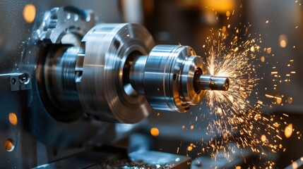 A CNC machine cutting through metal, close-up showing sparks and shavings, emphasizing industrial precision and technology.