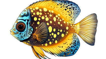 Fototapeta premium A yellow and blue angelfish with black spots on a white background.