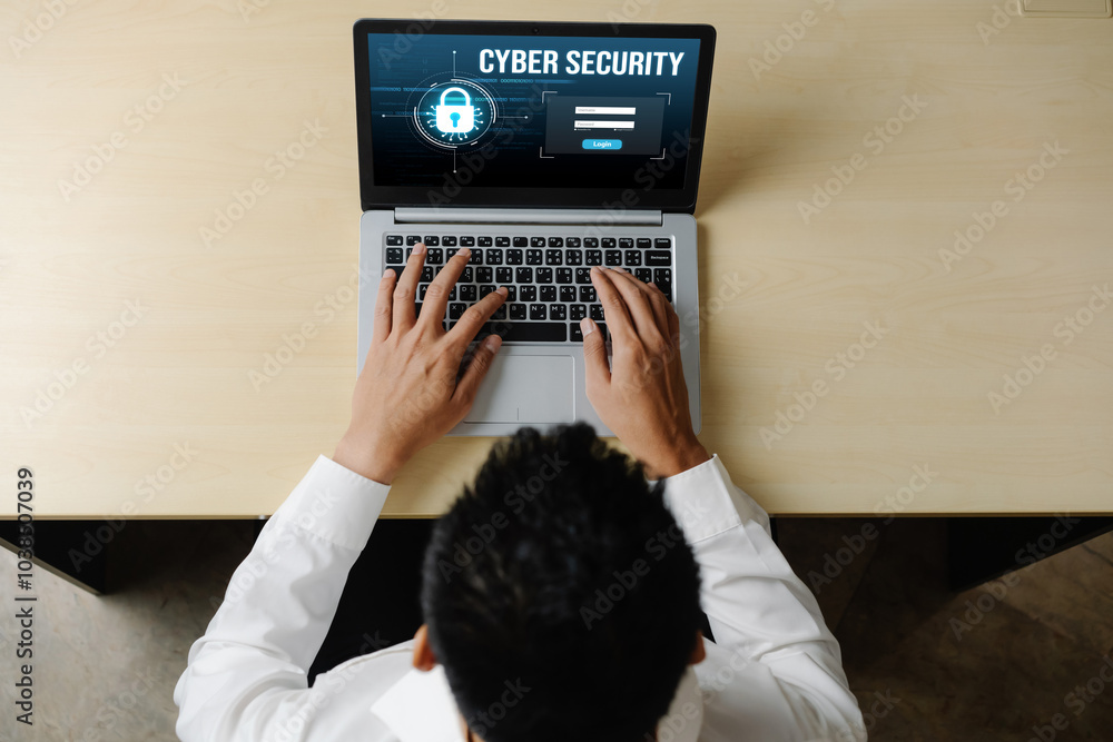 Poster cyber security system on computer screen protect private information snugly from hacker and cyber at