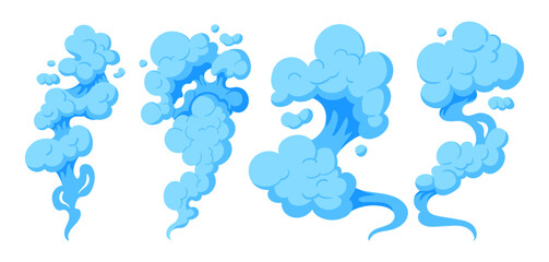 Comic smoke clouds. Cartoon dust clouds, puff steam cloud silhouettes, steaming dust flat vector illustration set. Smoke explosion clouds on white
