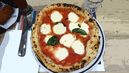 A Neapolitan margherita pizza freshly baked and served at the table.