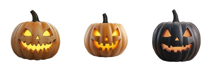Fototapeta premium Three Halloween pumpkins with glowing faces in varying colors, showcasing festive decorations for the spooky season.