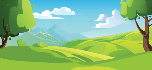 A vibrant and playful cartoon landscape featuring rolling green hills, colorful trees, and a bright blue sky with fluffy clouds. Perfect for kid-friendly projects, outdoor themes