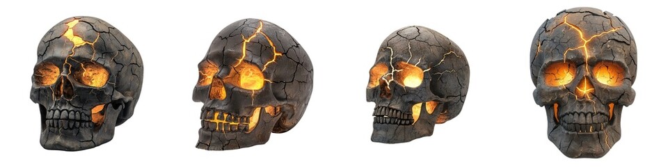 The image features four stylized skulls with glowing eyes, showcasing a fiery, cracked texture suitable for a dark-themed aesthetic.