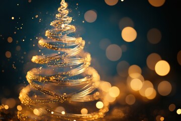 A striking silhouette of a Christmas tree formed by interwoven golden and silver lines glimmers against a dark background, celebrating the holidays. Generative AI