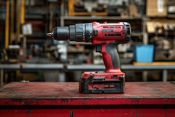 Brand-new cordless drill. On a red industrial surface, the power tool is. Generative Ai