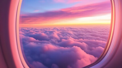A breathtaking view of a vibrant sunset over a sea of clouds, seen through an airplane window.