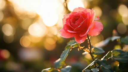 Obraz premium A single red rose in bloom, with soft sunlight illuminating its vibrant petals.